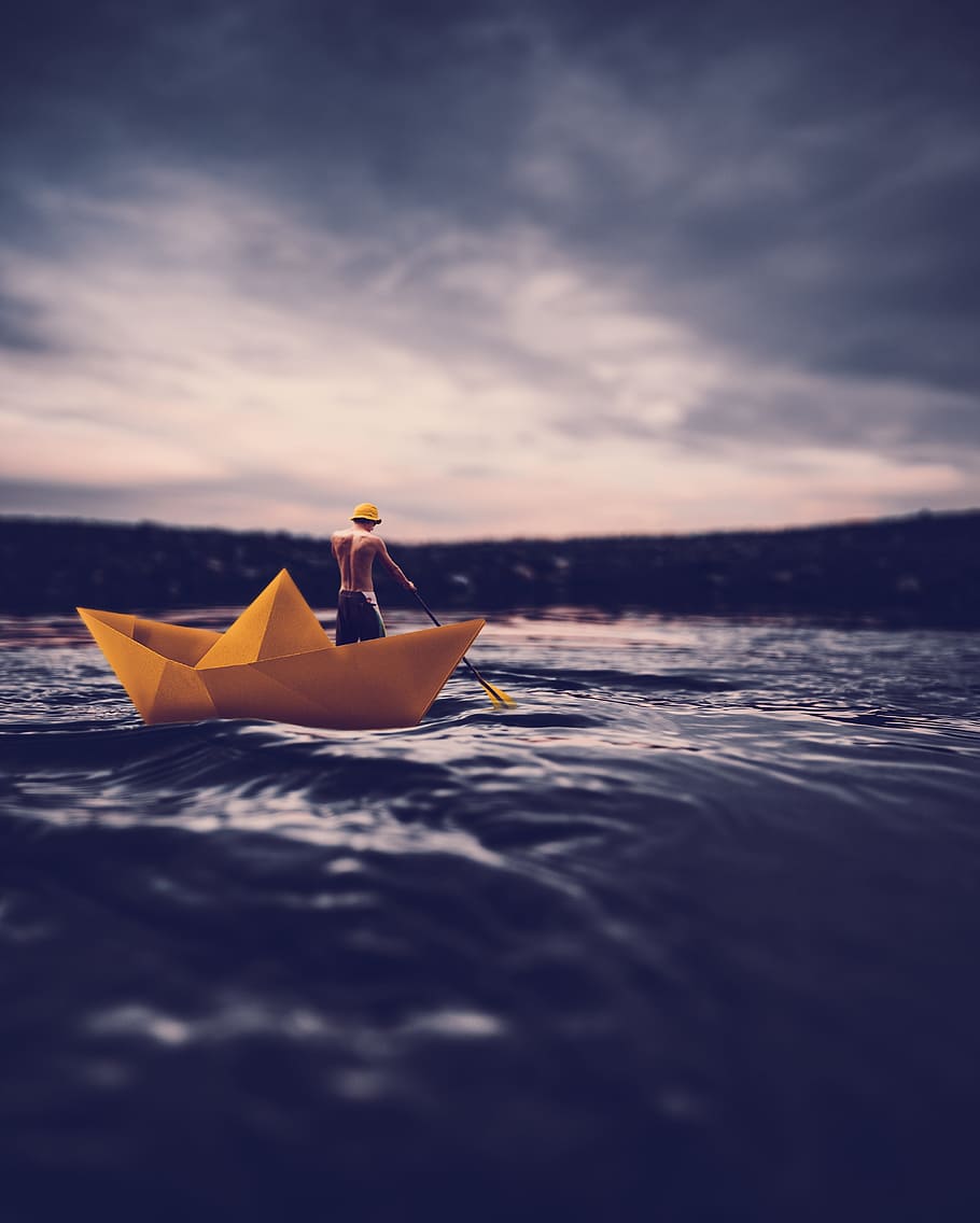 forced, photography, yellow, paper boat, body, water, body of water, boat, sea, travel