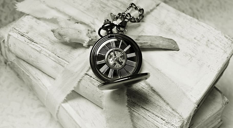 grayscale photography, pocket, watch, books, grayscale, photography, pocket watch, worn, old, time