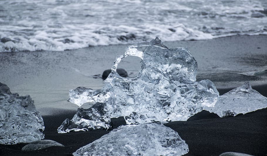 iceland, jokulsarlon, diamond beach, strange ice shapes, ice cow skull, ice, beach, cold temperature, water, nature