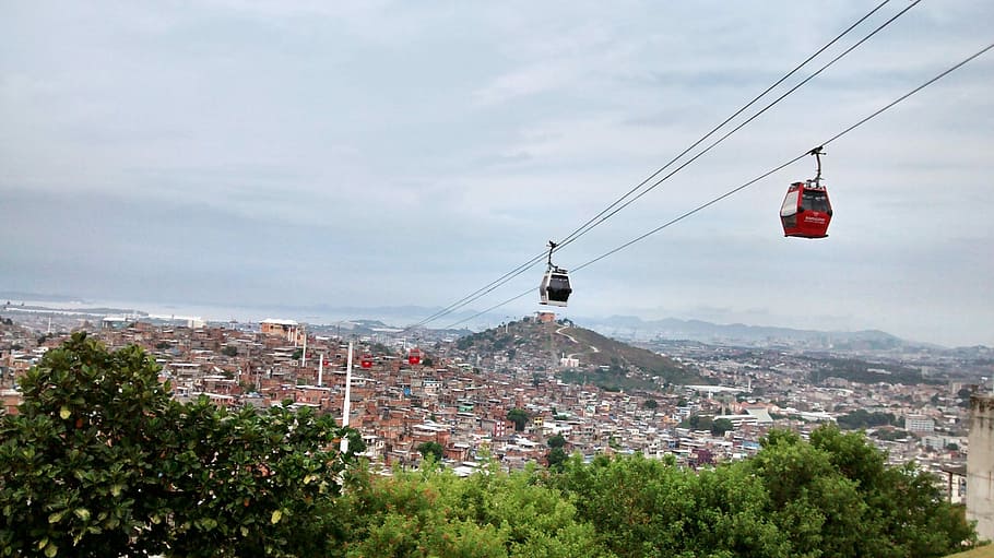 Cable Car, German, Favela, rio, outdoors, sky, day, city, cityscape, tree