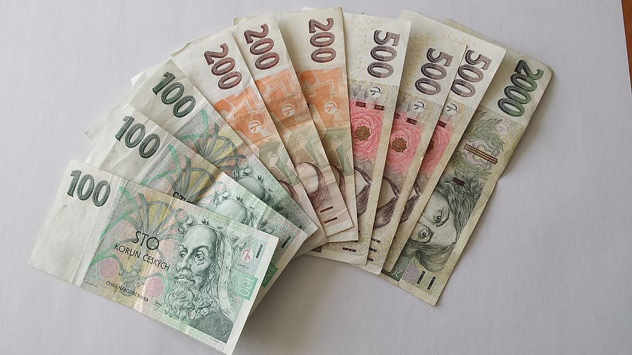 money, currency, czech koruna, paper currency, finance, wealth, business, high angle view, indoors, studio shot