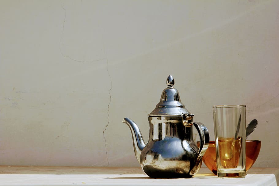 gray, stainless, steel kettle, clear, drinking glass, Tee, Teatime, Drink, Teapot, teeservice