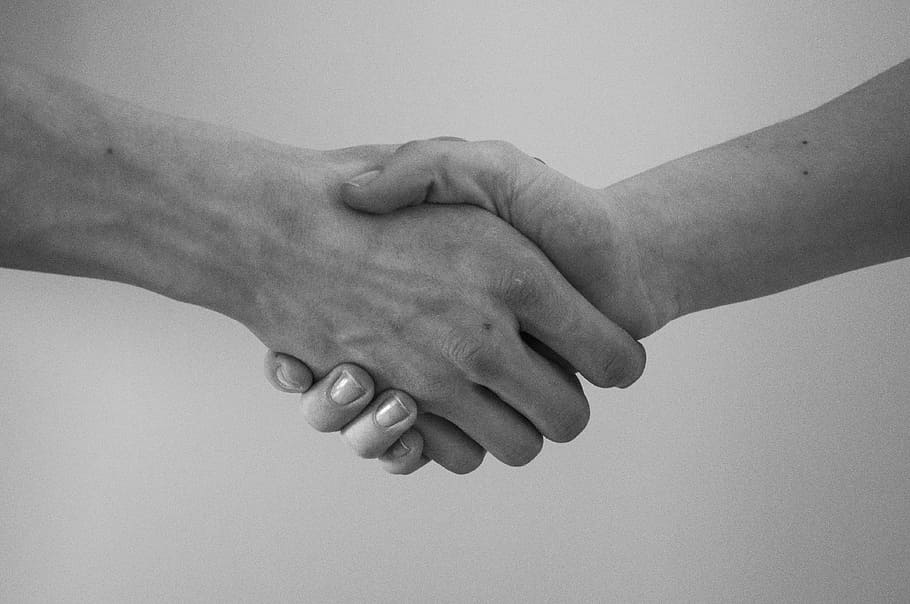 foto grayscale, dua, orang, memegang, tangan, salam, perjanjian, berjabat tangan, bagian tubuh manusia, tangan manusia