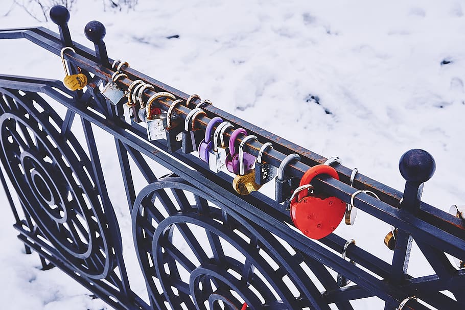 gembok, terkunci, susuran tangga, salju, musim dingin, logam, suhu dingin, hari, alam, love lock