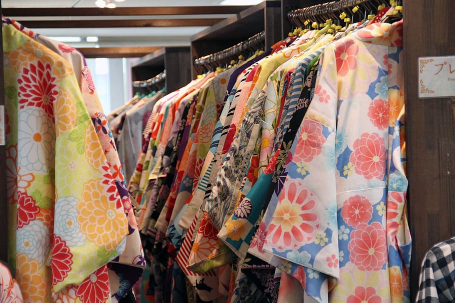 kimono, japonés, tradicional, femenino, ropa, vestuario, multicolor, colgante, para la venta, elección