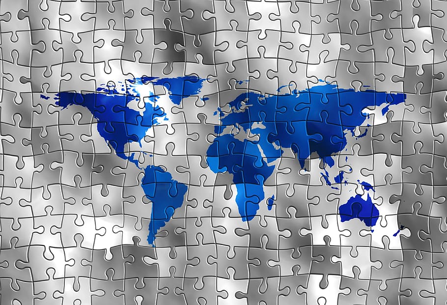 blue, gray, world map puzzle piece, continents, puzzle, world, earth, global, globalization, international