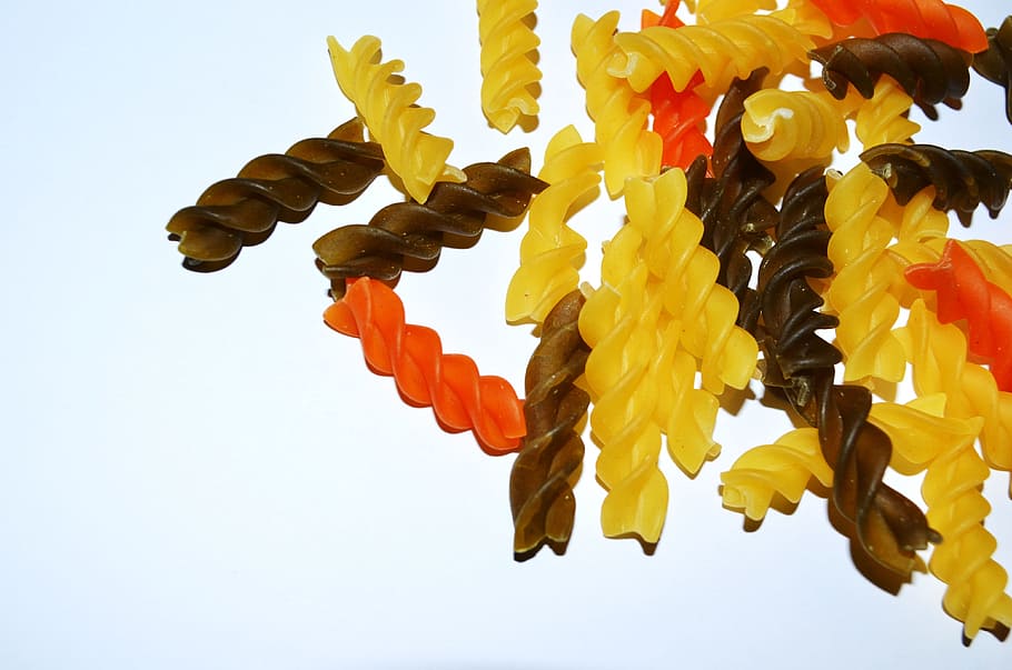 fusilli pasta, Spiral, Pasta, Food, starchy, carbohydrates, grains, colorful, yellow, orange