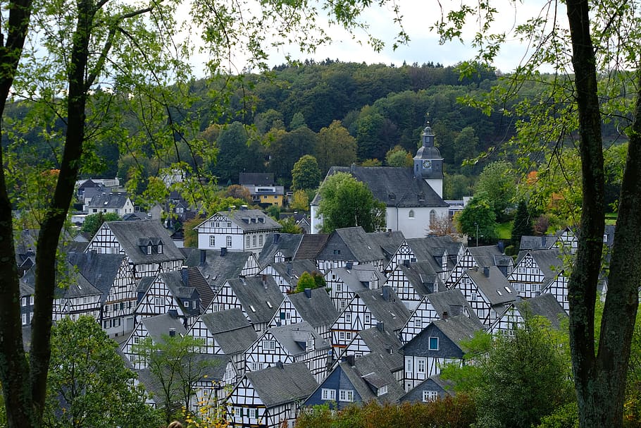 Freudenberg, kota tua bersejarah, pusat bersejarah, Desa, tiang penopang, Arsitektur, tempat-tempat menarik, rumah, pusat desa, bintik-bintik usia