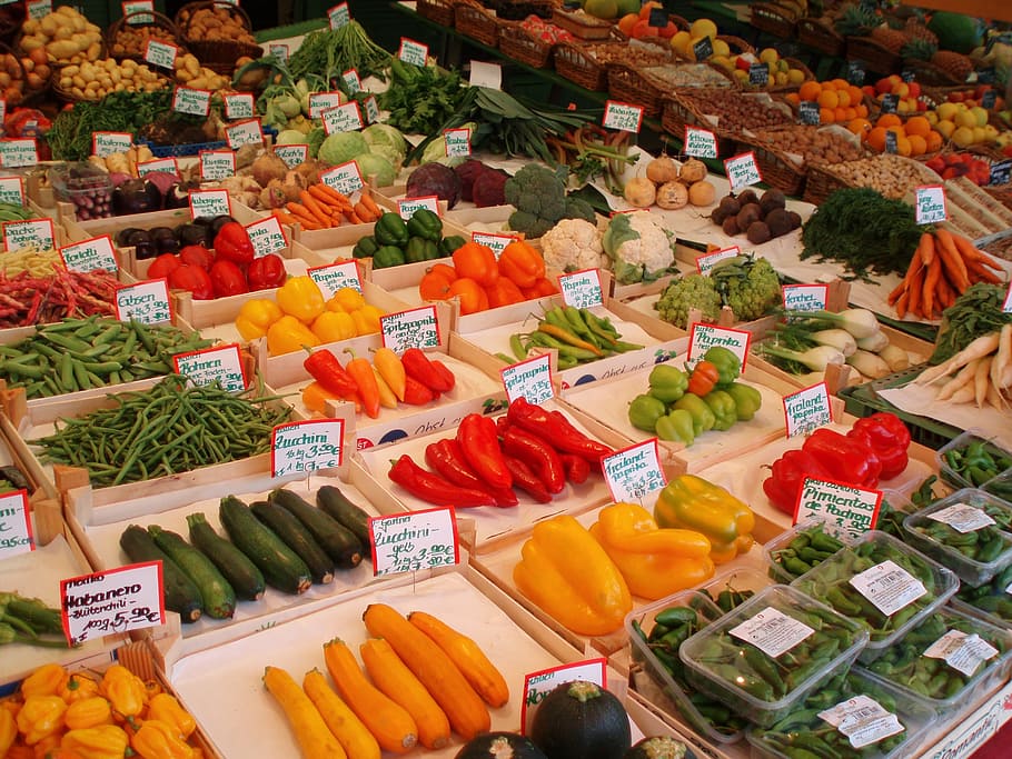 varietas, sayuran, di dalam, pasar, munich, viktualienmarkt, makanan, sehat, kios Pasar, buah