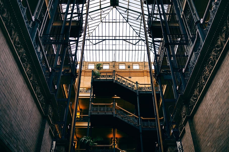 stairs inside building, architecture, bradbury building, brick wall, building, landmark, metalworking, skylight, staircase, steel and concrete structure