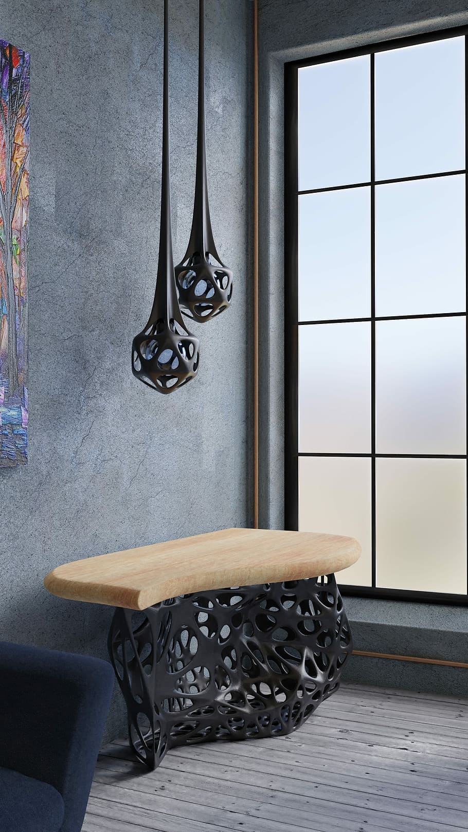 marrom, de madeira, mesa, ao lado de, janela, sótão, projeto, lâmpada de substituição, a arte de, moderna