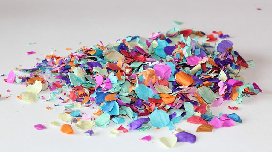 pile, assorted-color confetti, white, surface, Confetti, Colorful, Party, partyaritkel, carnival, new year's eve