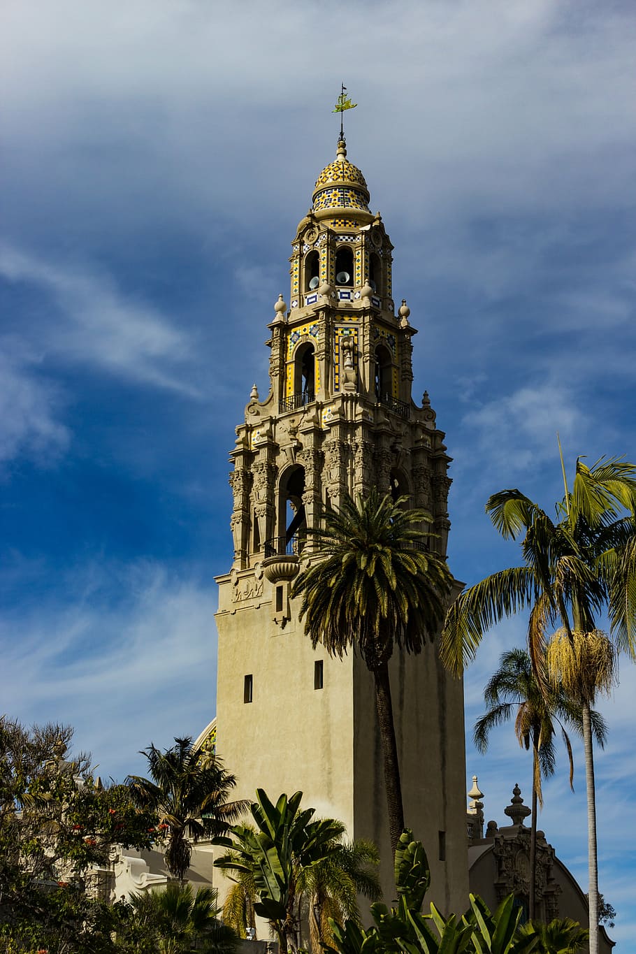 bell tower, balboa park, architectural, church, architecture, tower, palm Tree, famous Place, cathedral, sky