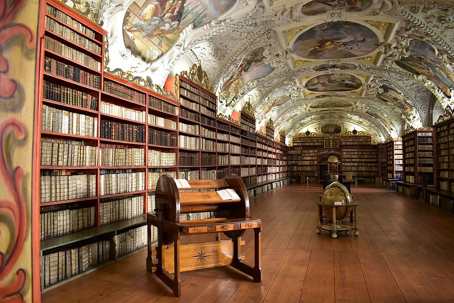 biblioteca, histórico, fresco, luz, globo, praga, edificio, estante, publicación, libro