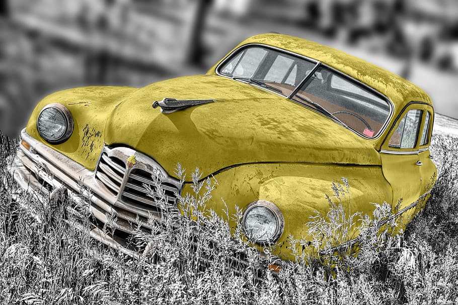 selectivo, fotografía de enfoque, amarillo, coche, veterano, antiguo, vintage, faro, capó del motor, capó del radiador