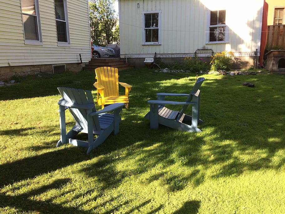 Adirondack, Chairs, Shadows, Relaxation, adirondack chairs, summer, lawn, building exterior, house, grass