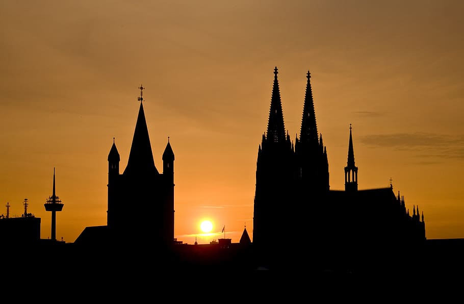 silueta, catedral, fondo puesta de sol, colonia, catedral de colonia, dom, iglesia, campanario, ciudad, vista de la ciudad