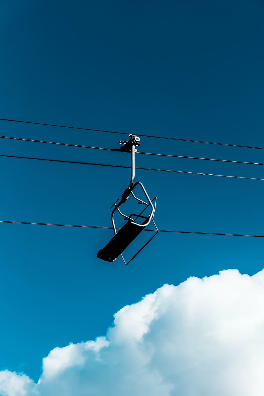 black, ski, lift, cloudy, sky, white, steel, empty, cable, chair