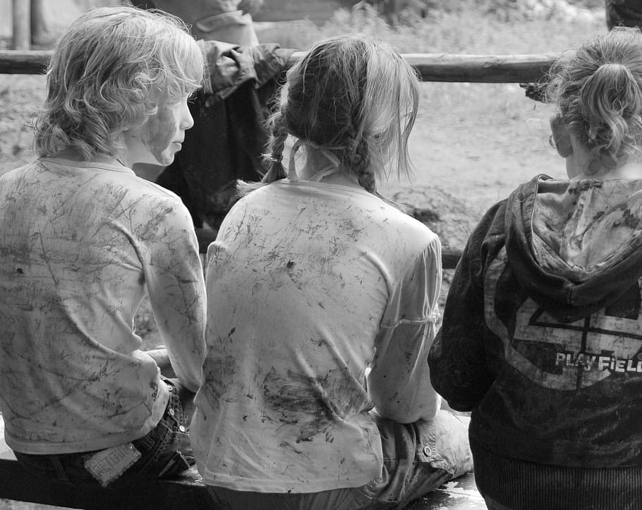 children, school trip, mud, game, body kits, cosy, together, rear view, group of people, women