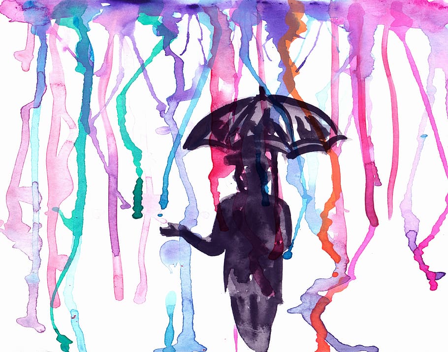 orang, memegang, karya seni warna air payung, payung, warna air, karya seni, cat air, manusia, hujan, cat