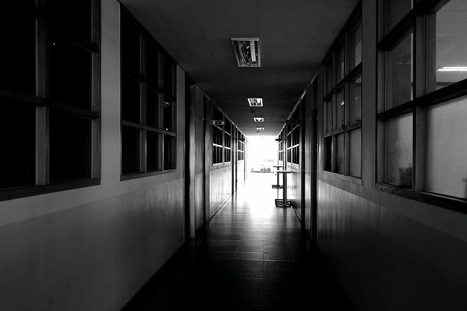 school, hallway, black and white, building, architecture, built structure, corridor, arcade, illuminated, direction