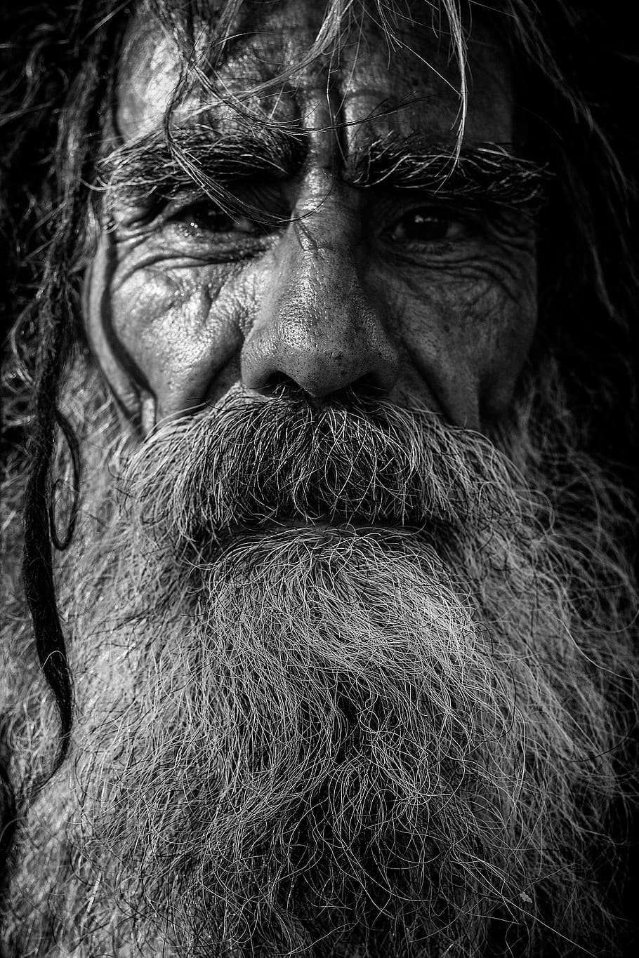 idoso, pessoas, pessoa, homem, barba, cabelo, preto e branco, machos, close-up, pelos faciais