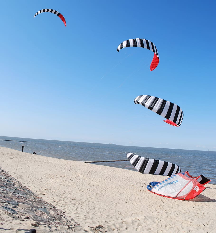kitesurfer, kite surfing, beach, sky, blue, sea, cuxhaven, sand, wind, land