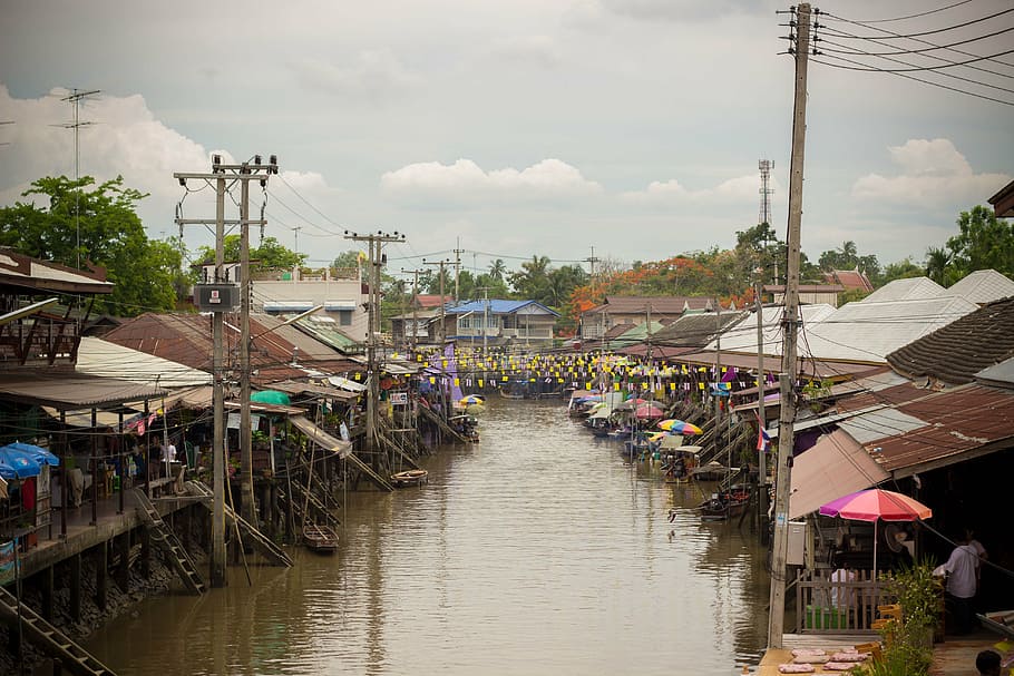 transmission towers, body, water, floating market, canal, classic, culture, bangkok, asia, thailand