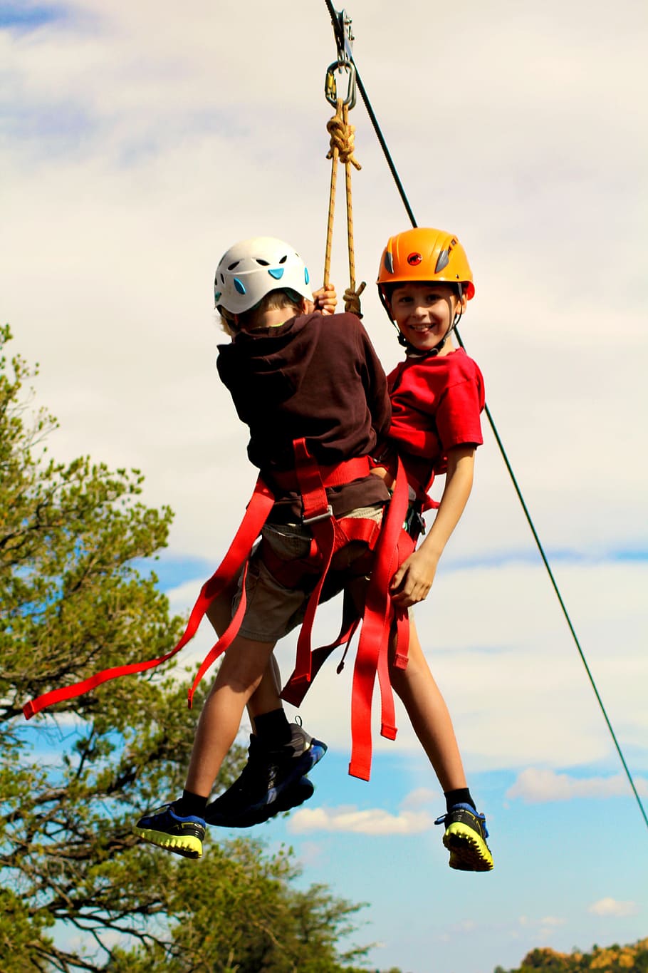 two, boys, hanging, cable, zip line, children, kids, climbing, child, kid