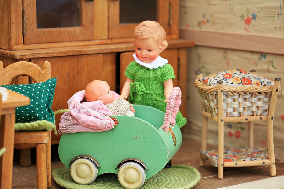girl, baby doll photograph, dolls houses, doll's house, old, toys, play, children toys, historically, setup