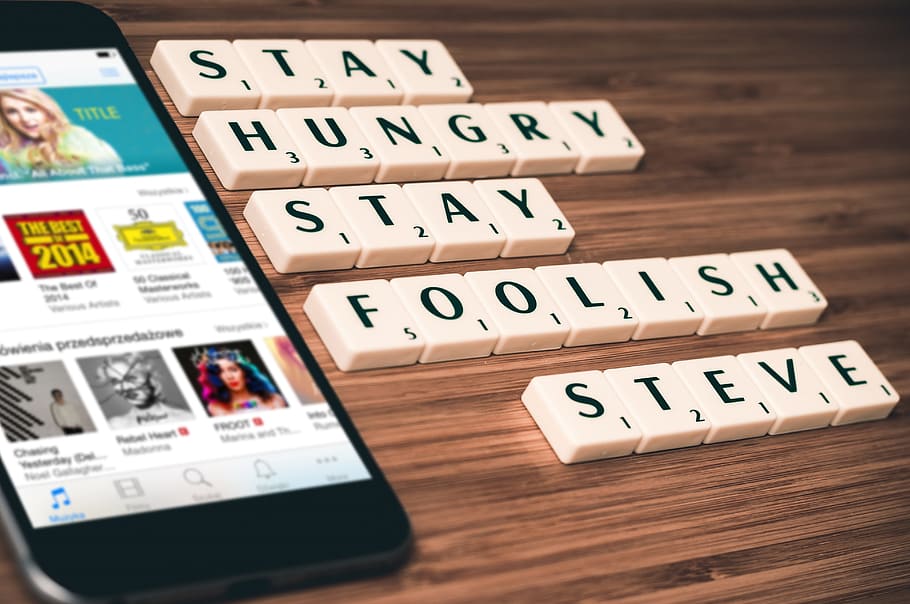 stay, hungry, foolish, steve scrabble letters, apple, steve jobs, quotes, scrabble, business, ceo