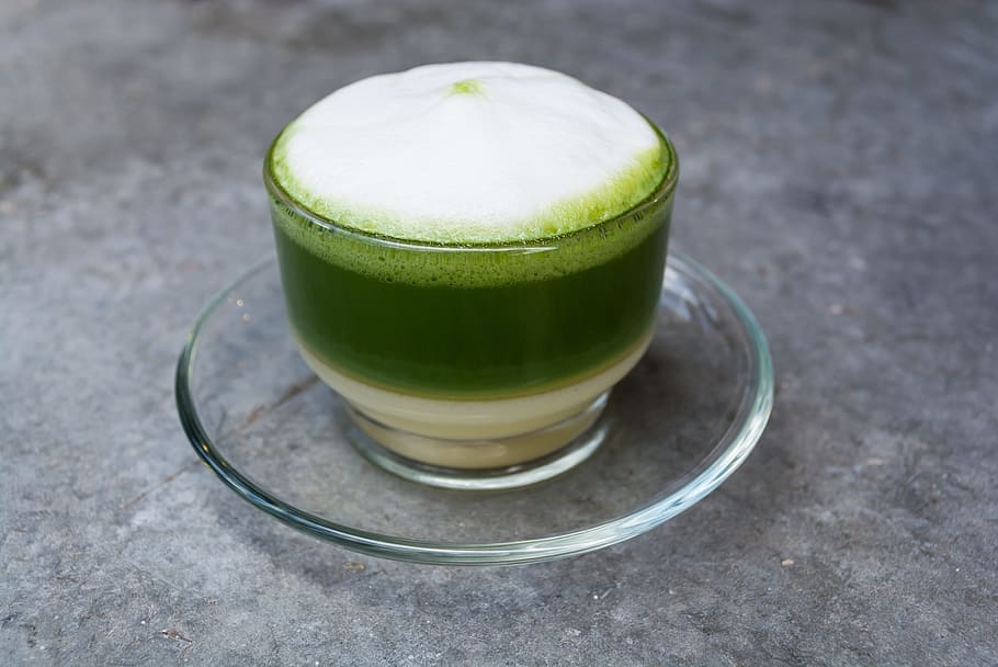 green, liquid, clear, glass drinking cup, green tea, milk, bubble, delicious, morning, of the blank