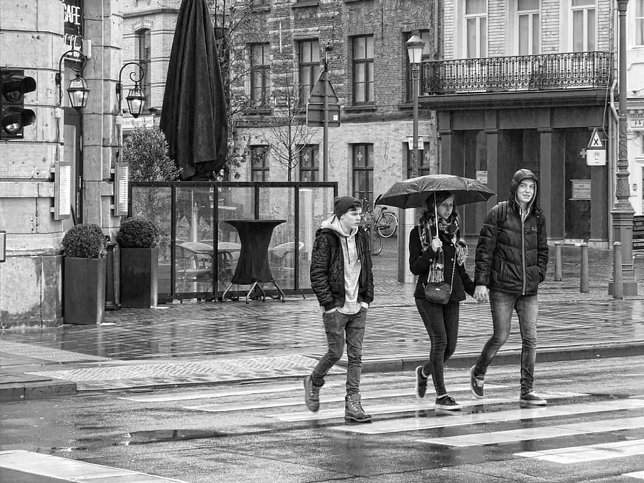 street photography, street, rain, umbrella, antwerp, city, old town, city ​​tour, excursion, friends