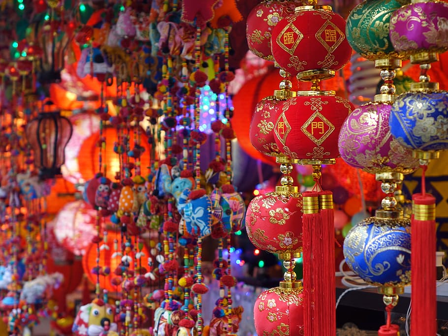 surtido, chino, colgante, decoraciones, singapur, ciudad china, colorido, decorativo, decoración colgante, exótico