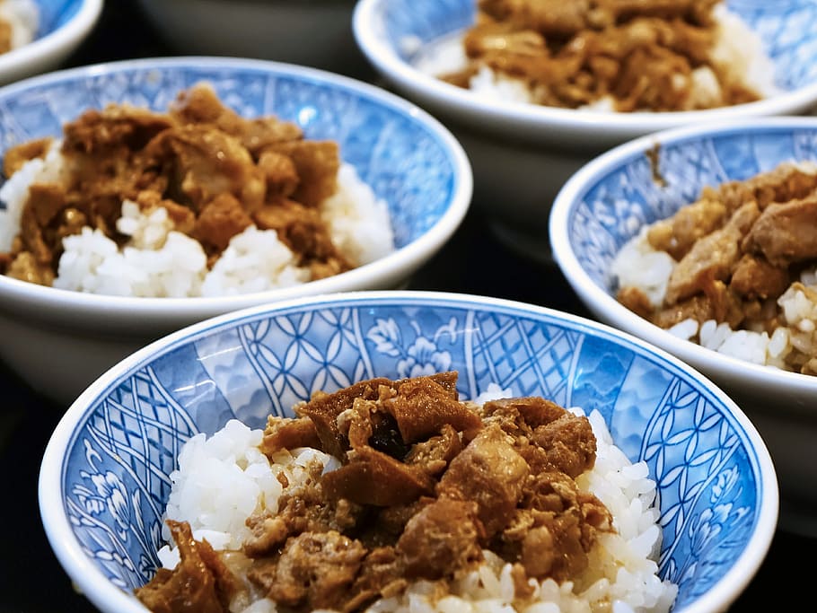 meat, rice, bowl, taiwanese cuisine, 鲁肉饭, braised pork rice, pork, fried bean curd, asian, meal