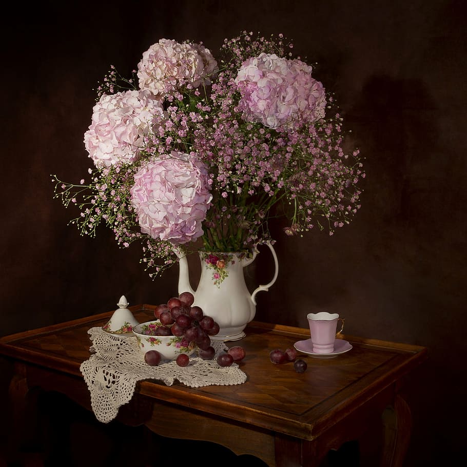 pink, white, petaled flowers, vase, still lifes, flowers, hydrangea, bouquet, flowering, flora