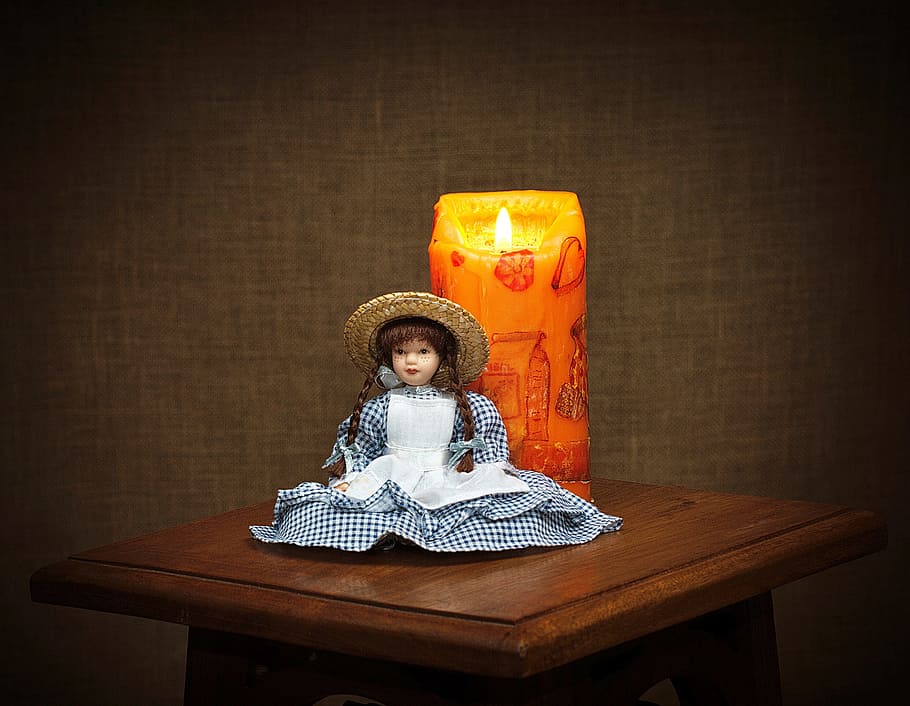 porcelain doll, sitting, orange, pillar candle, Doll, Candle, Memories, Childhood, Mood, table