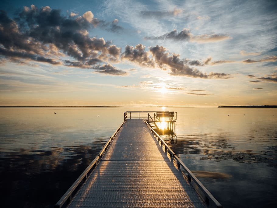 pier, dock, lake, water, sunset, dusk, sky, clouds, reflection, landscape