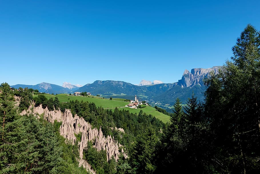 mountain, fir, nature, hiking, alps, forest, dolomites, fairy chimney, tree, plant