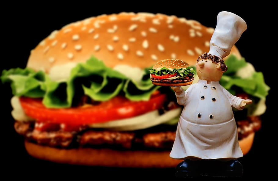 hamburger, cheeseburger, cooking, funny, food, preparation, chef's hat, figure, sweet, figures