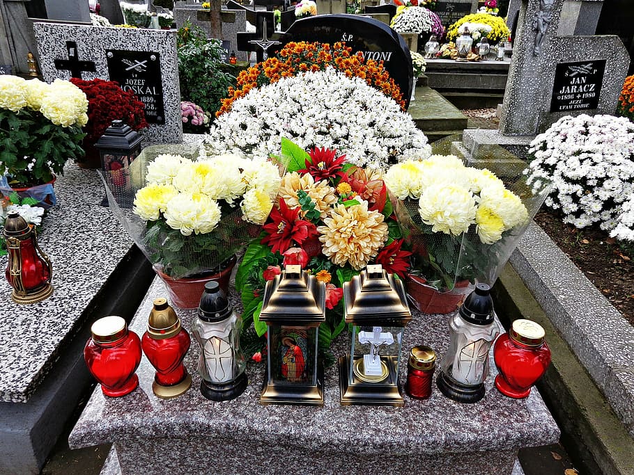 assorted-color flowers, cemetery, tombstone, all saints ' day, the tomb of, the dead, candle, bereavement, memory, death
