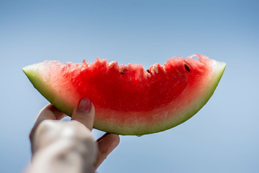 person, holding, sliced, red, watermelon, fruit, fresh, juicy, health, food