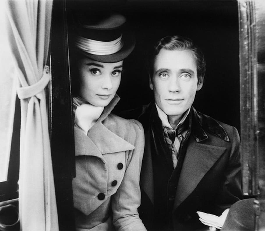 woman, black, wearing, suits, grayscale photography, audrey hepburn, mel ferrer, actress, actor, motion pictures