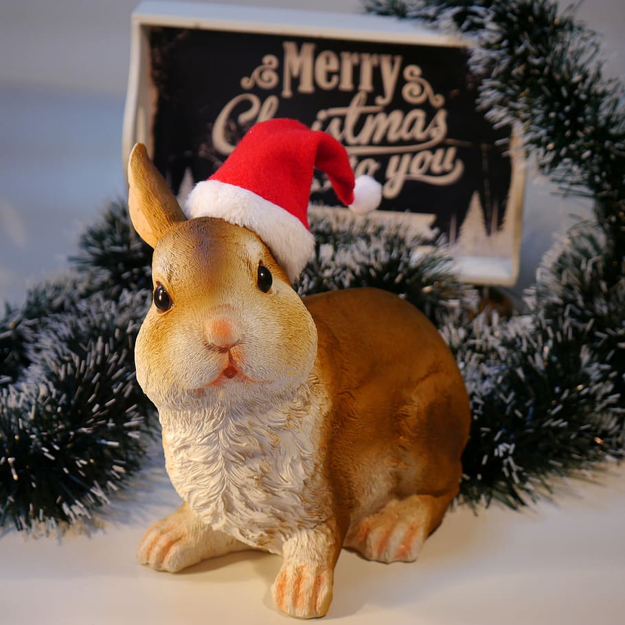 brown, ceramic, rabbit figurine, wearing, santa hat, nicholas, christmas, hare, rabbit, celebration