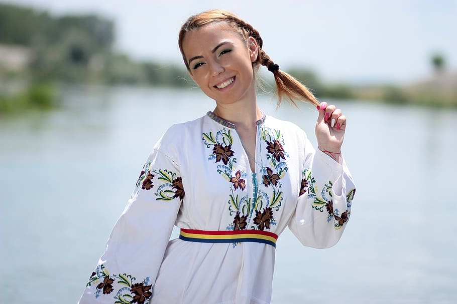 girl, peasant woman, tradition, water, suit, dragaica, romanian, smiling, one person, young adult