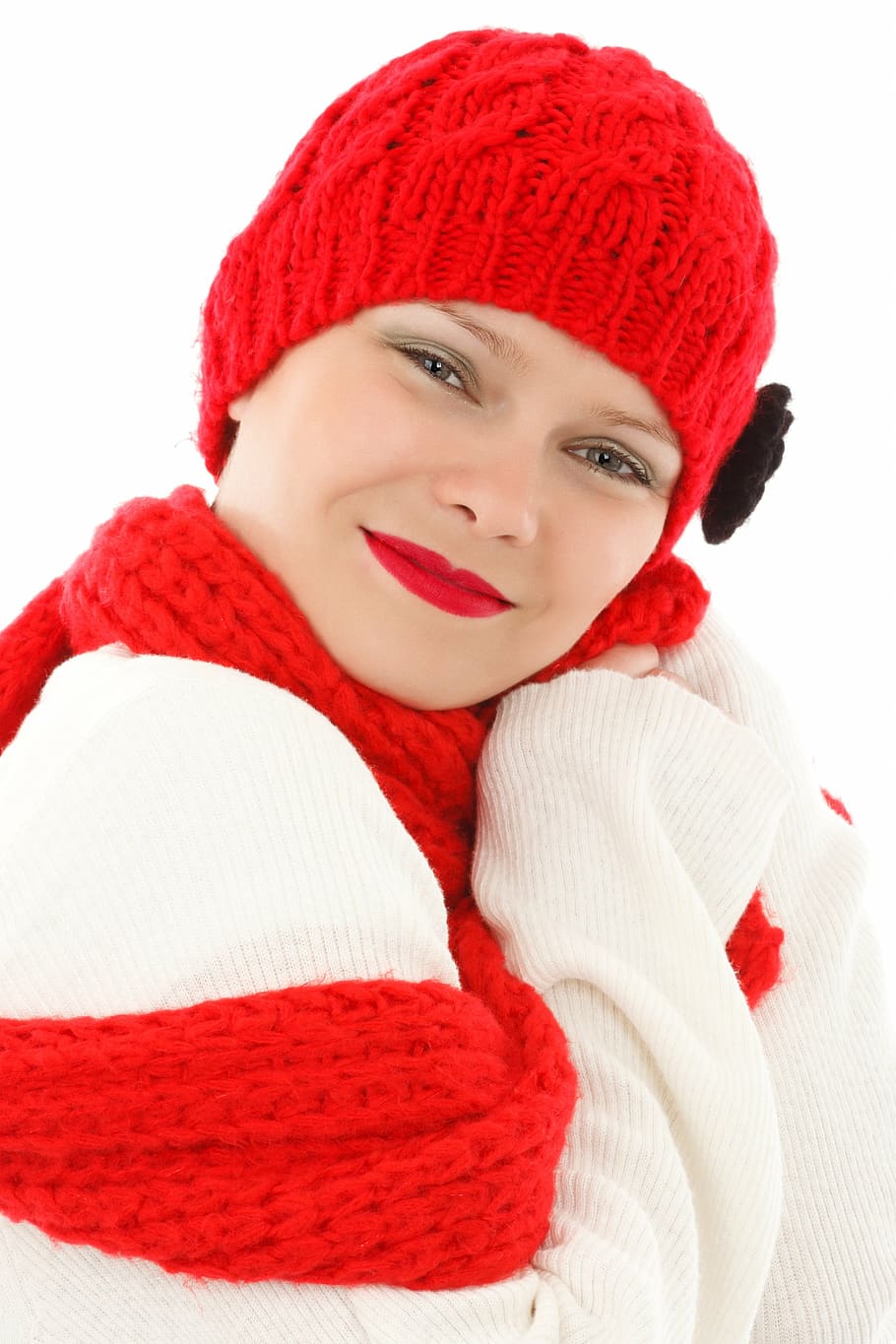 woman, white, knit, long-sleeved, shirt, red, cap, scarf, beauty, warm