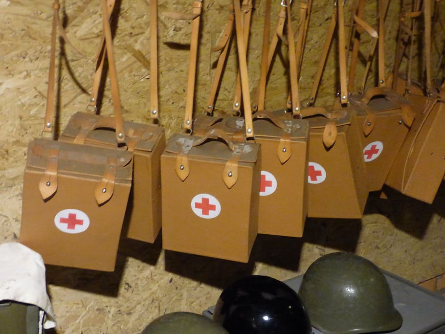brown, military, medical, sling bags, hanged, wall, help, first aid kit, shelter, bunker