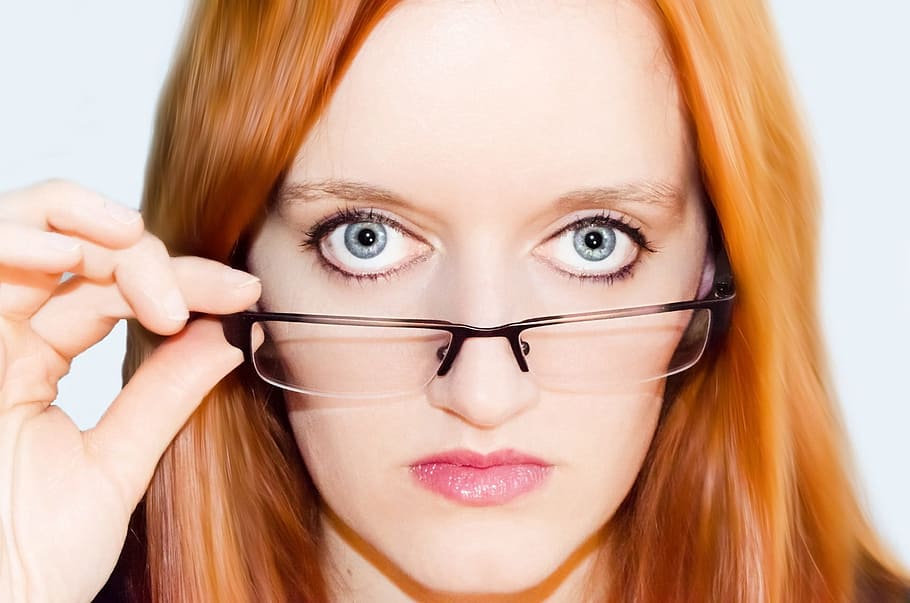 woman, wearing, red, lipstick, putting, eyeglass half-down, eyeglass, women, glasses, optical