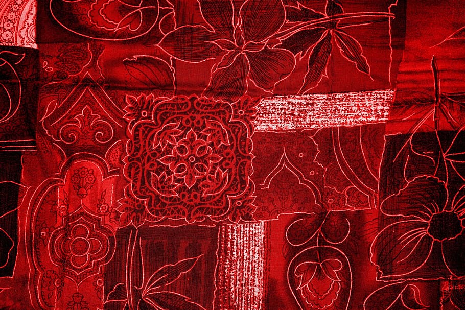 Rojo, negro, textil, fondo, patchwork, flores, tela, superficie, patrón, seda