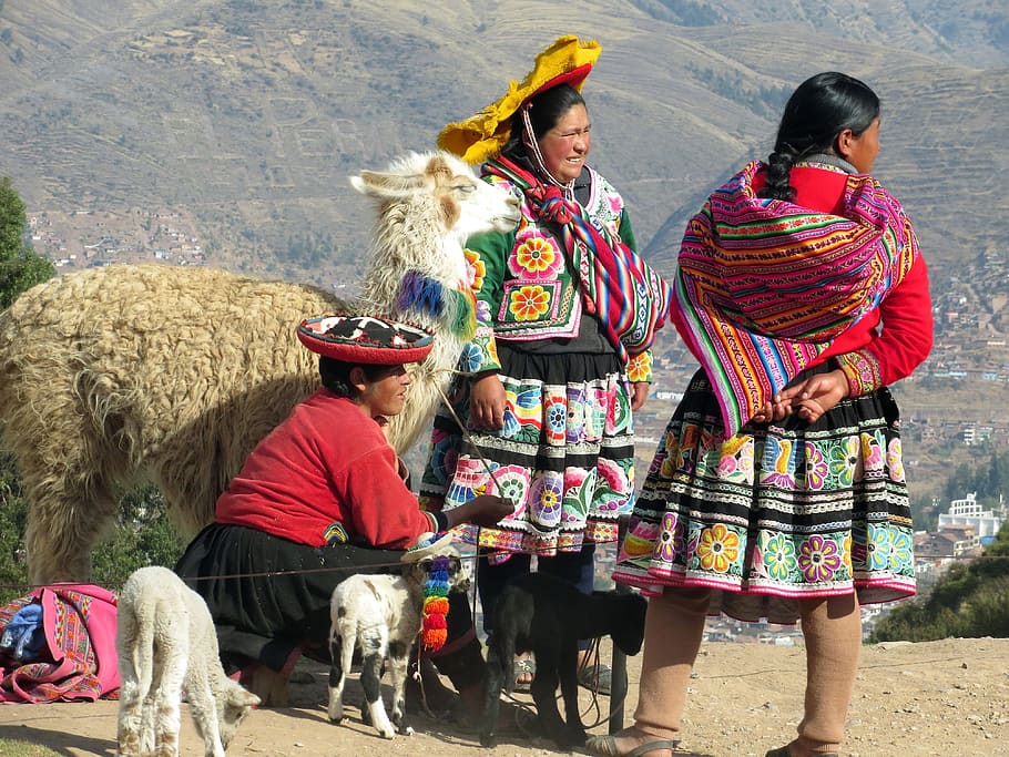 three, women, standing, cliff, Peru, Costume, Traditional, peruvian, cuzco, andes